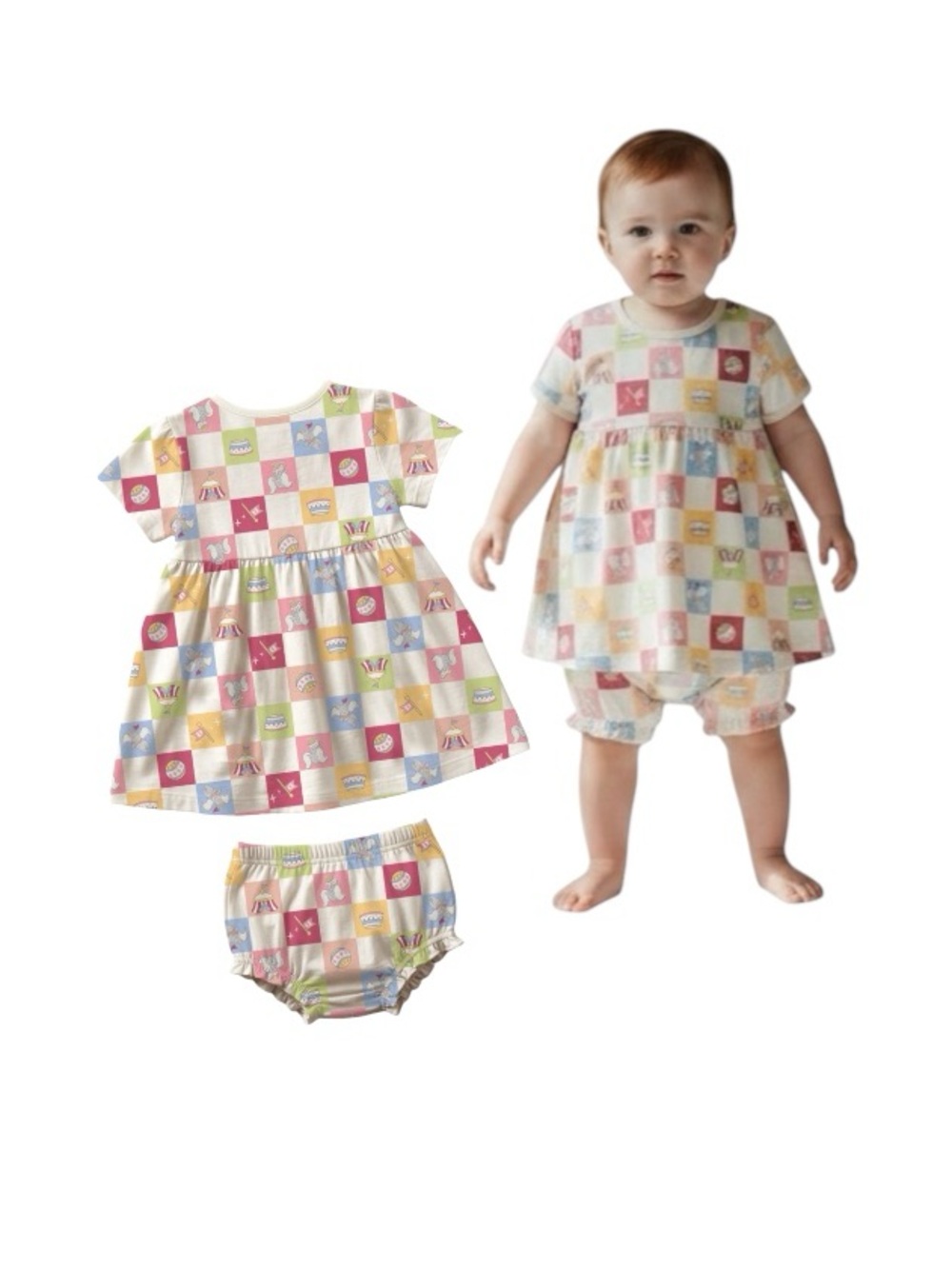 Disney Dumbo Pastel Patchwork Dress & Bloomers Set - Pink, Yellow, Blue, Green